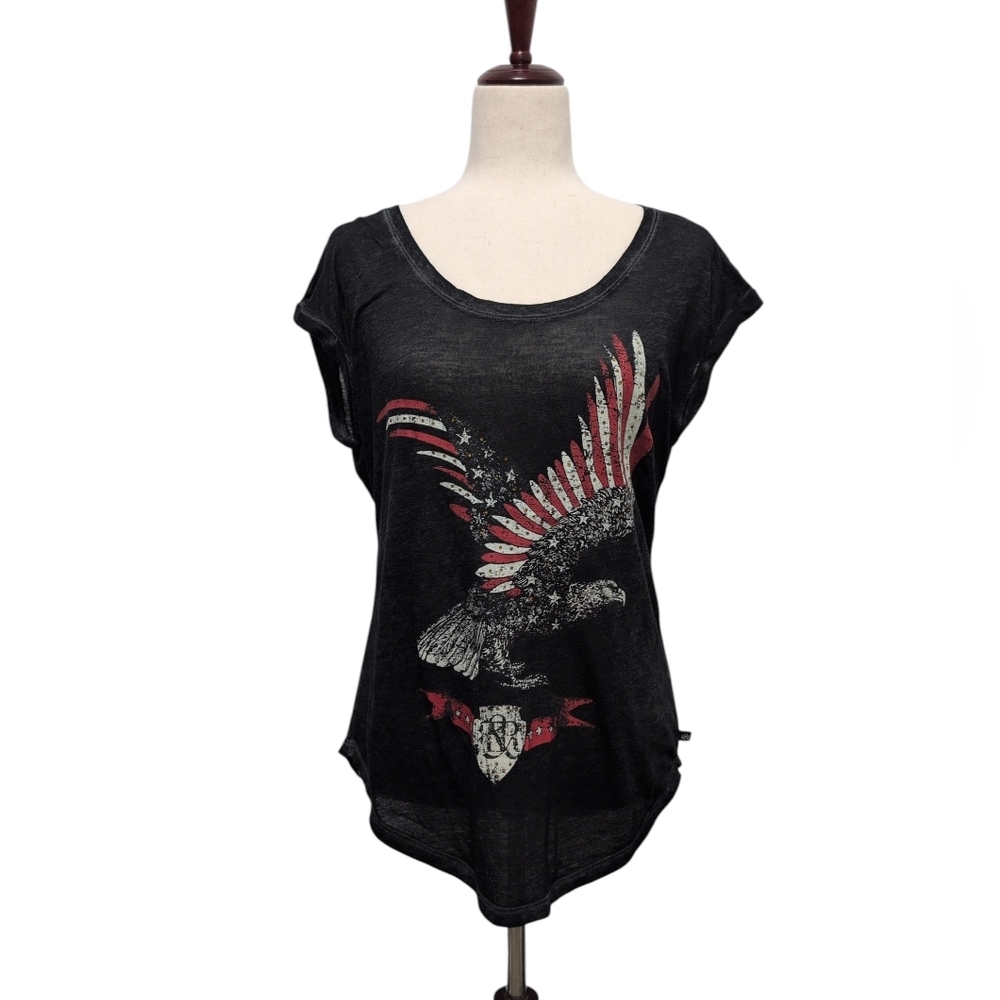 Rock & Republic American Flag‎ Eagle Burnout Tee Cap Sleeves Black size Small